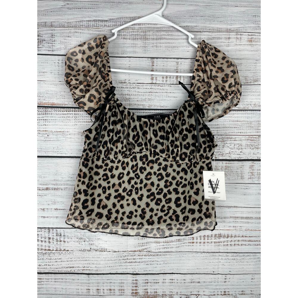 Vibe Leopard Sheer Top Crop Babydoll Medium NEW Festival Boho Western Coquette